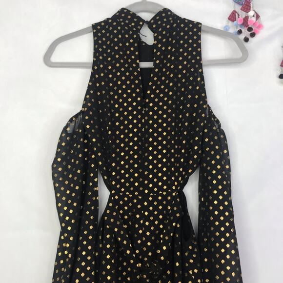 LPA Dress 43 in gold polka dot side cutout cold shoulders halter maxi dress - Picture 6 of 12